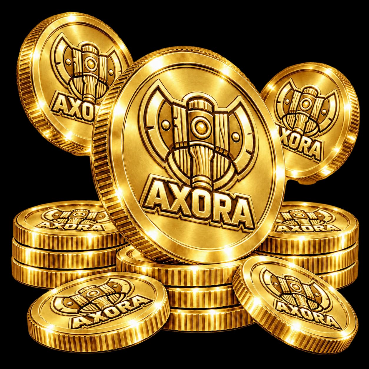 Stacks of gleaming gold game tokens with the AXORA axe and lettering engraved into each coin