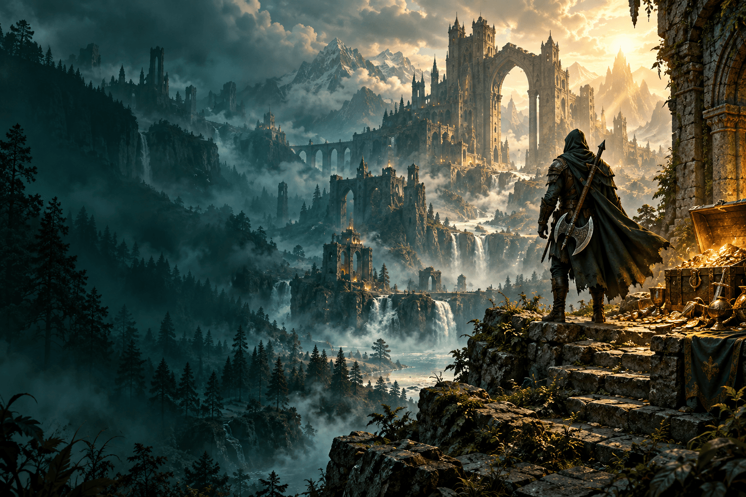 A cloaked adventurer overlooking ancient ruins and a glowing treasure chest in a misty mountain valley