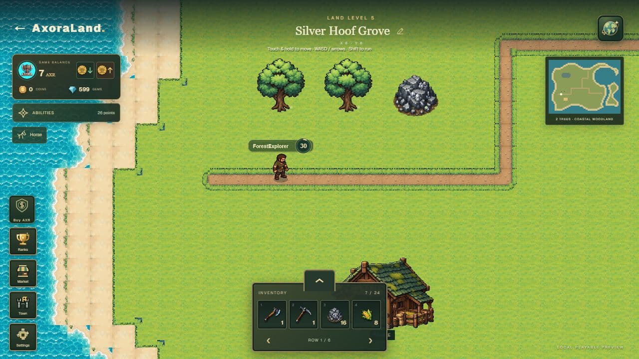 AxoraLand gameplay on The Verdant Coast: coastal woodland, trees, a mine, a stable and the player inventory