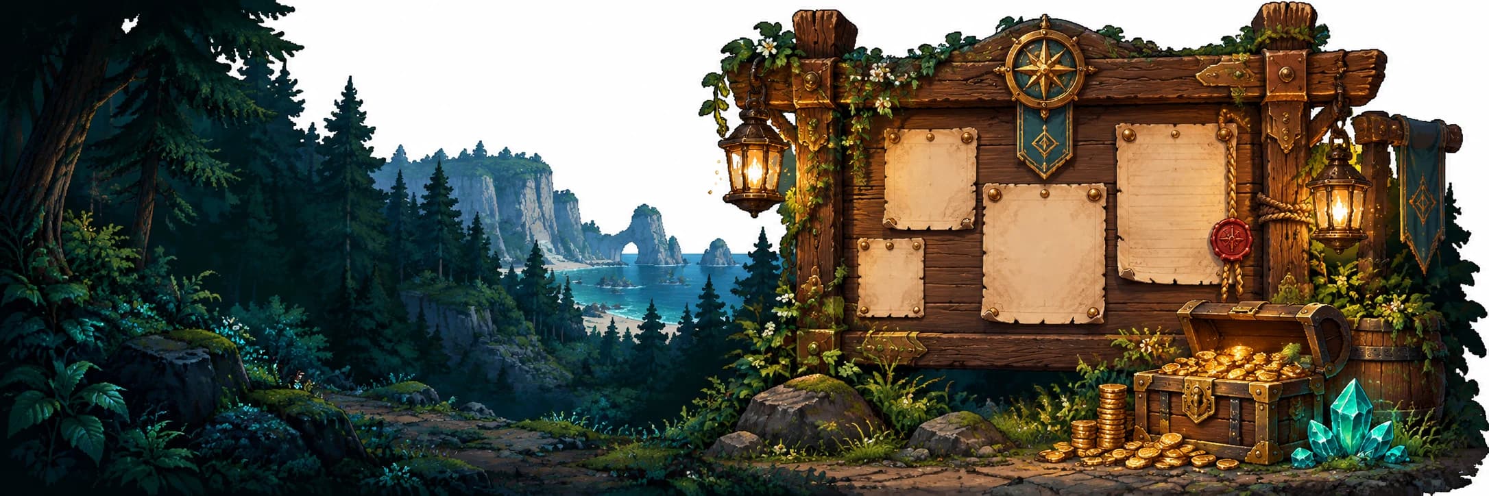 The Verdant Guild's wooden noticeboard with parchment commissions, gold coins and crystals